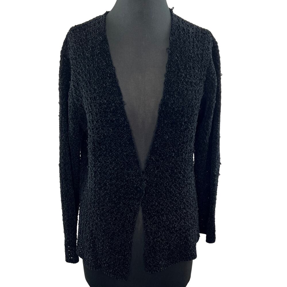 Eileen Fisher Black Silk Blend Long Sleeve Fuzzy Texture Knit Cardigan Sweater M